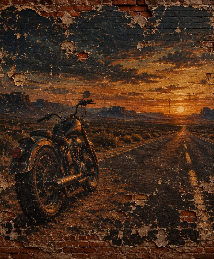 Weathered motorcycle mural painted on a brick wall