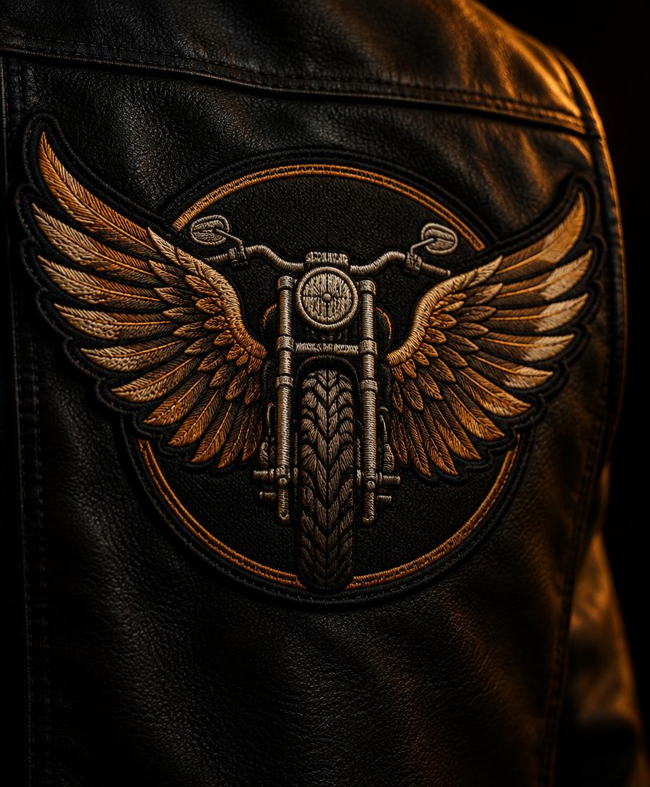 Embroidered club patch on a leather vest